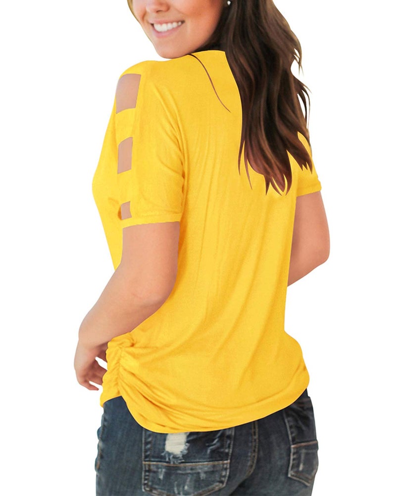 Jescakoo Summer Cut Out Shoulder T Shirts for Women Short Sleeve Blouses Yellow M - Image 5